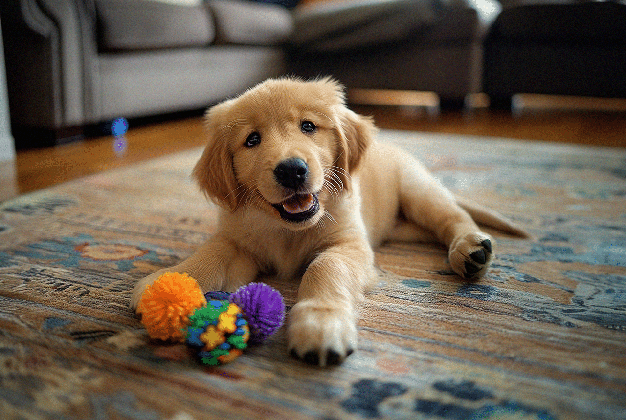 Playful Mini Golden Retriever puppy enjoying outdoor fun