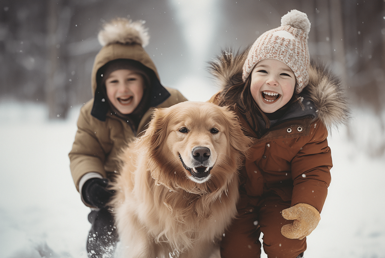Mini Golden Retriever enjoying winter play in the snow